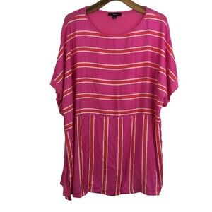 Ellos Womens Striped Short Sleeve Round Neck Tunic Blouse Top Pink Plus Size 1X